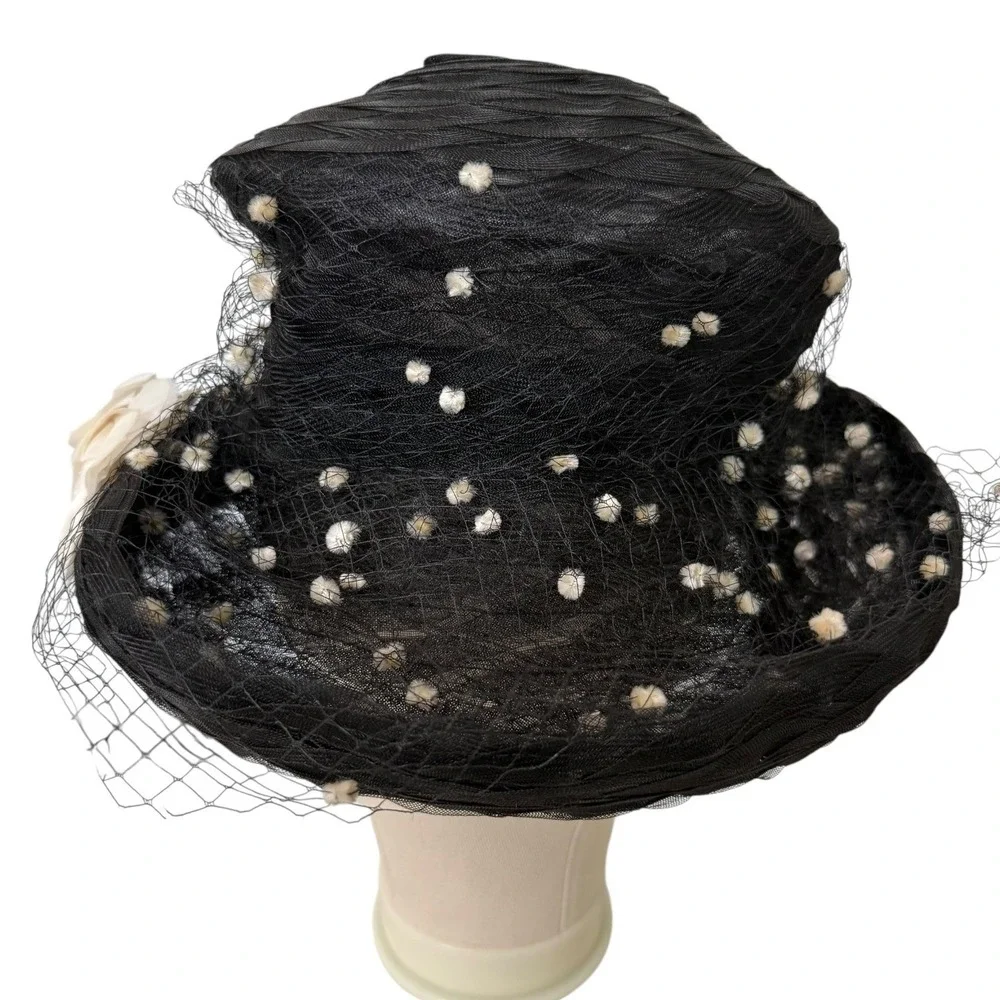 Vintage Eric Javits Black Mesh Birdcage Veil Hat with Cream Flower and Pom-Poms - Picture 4 of 8